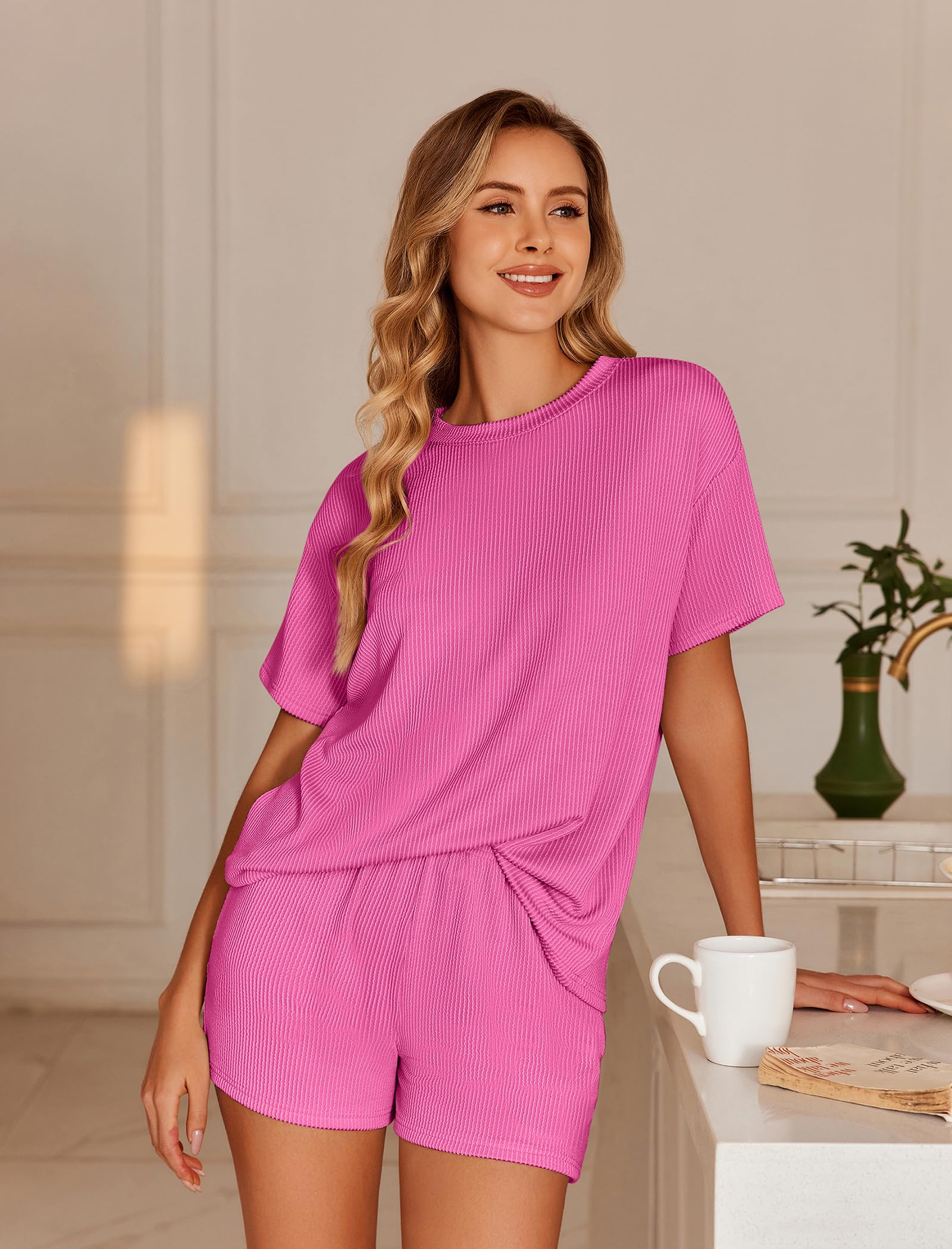 Foto 4 pulgar | Conjunto De Pijama Ekouaer De Manga Corta Para Mujer, Color Rosa Intenso - Venta Internacional.