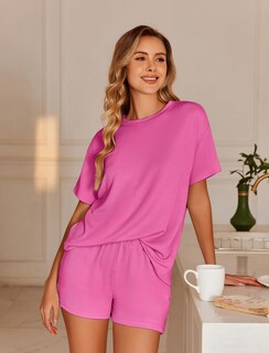 Foto 3 | Conjunto De Pijama Ekouaer De Manga Corta Para Mujer, Color Rosa Intenso - Venta Internacional.