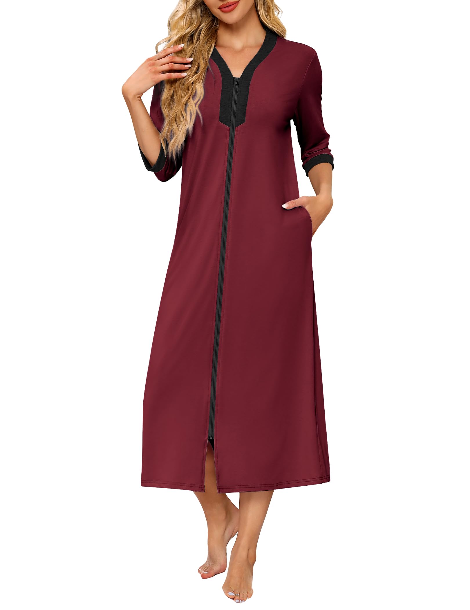 Foto 2 pulgar | Bata Robe Ekouaer Para Mujer Con Cremallera Y Mangas 3/4, Color Rojo Vino - Venta Internacional.