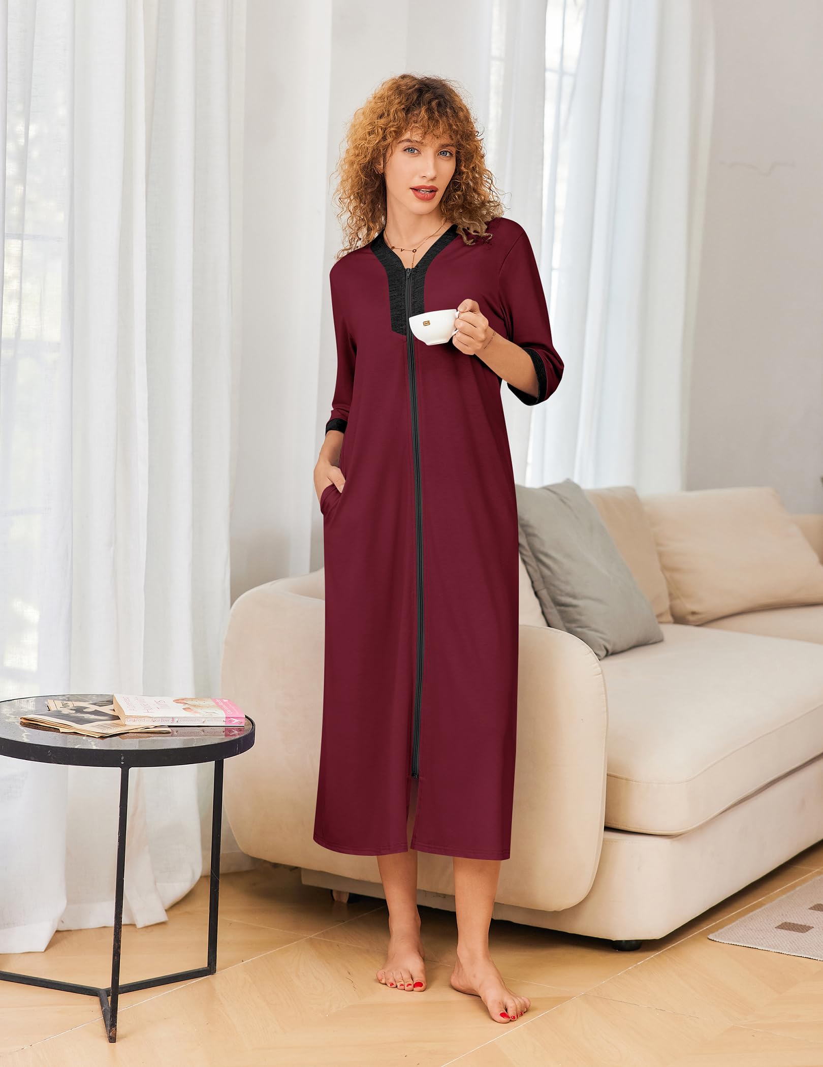 Foto 3 pulgar | Bata Robe Ekouaer Para Mujer Con Cremallera Y Mangas 3/4, Color Rojo Vino - Venta Internacional.