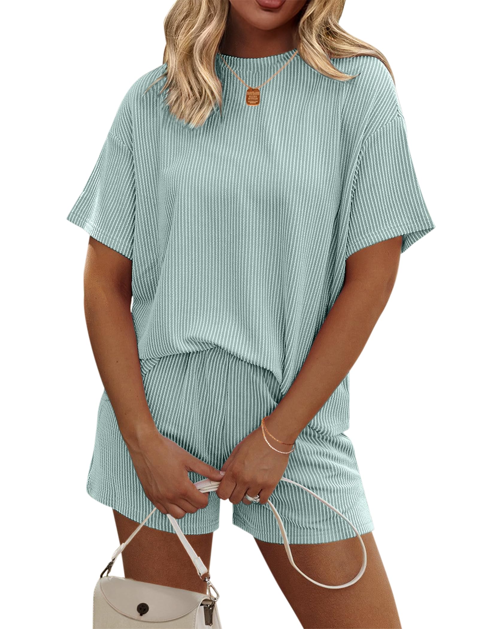 Foto 2 pulgar | Conjunto De Pijama Ekouaer Para Mujer De Manga Corta Con Bolsillos - Venta Internacional.