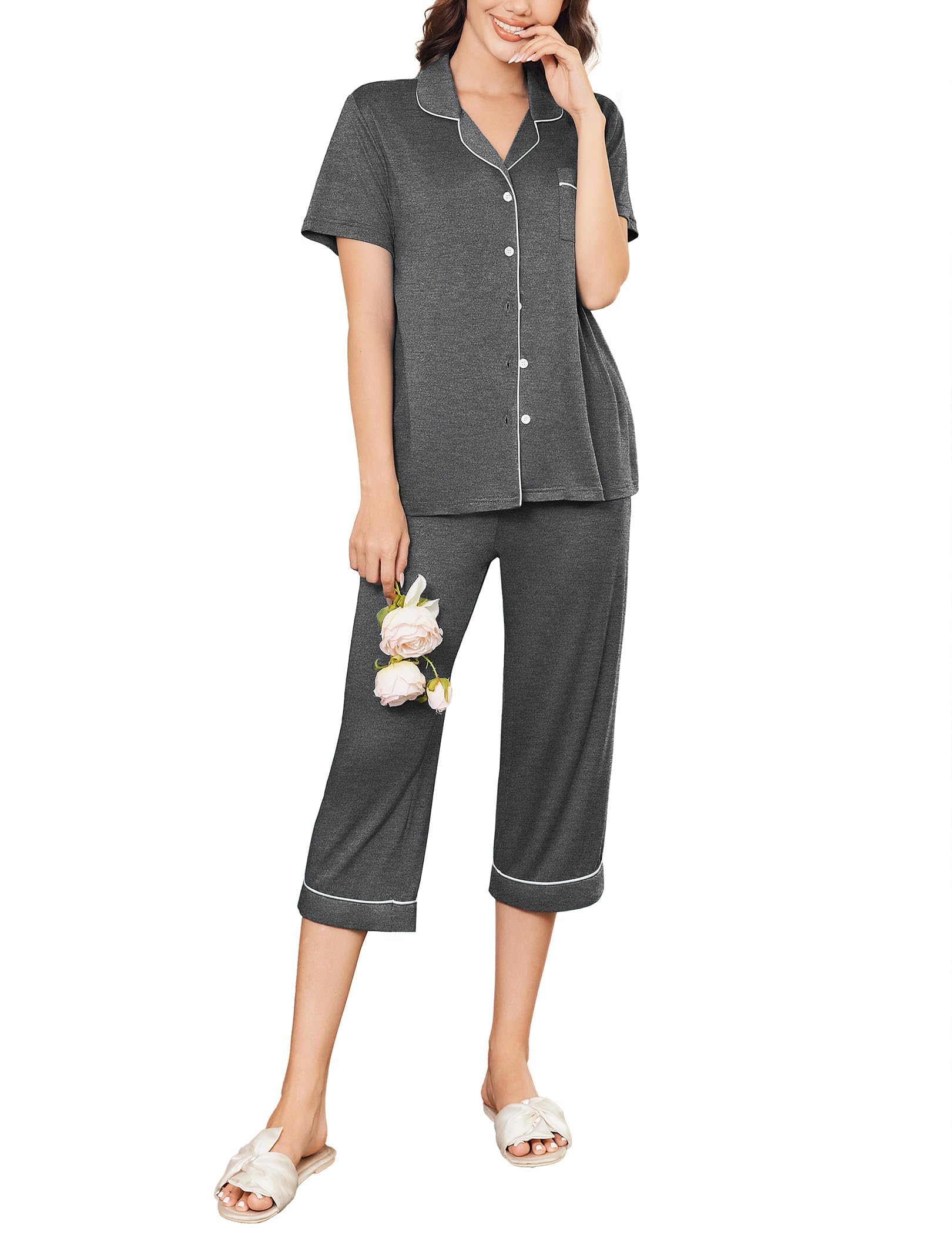 Foto 2 pulgar | Conjunto De Pijama Ekouaer Capri Para Mujer Gris Oscuro Talla M - Venta Internacional.