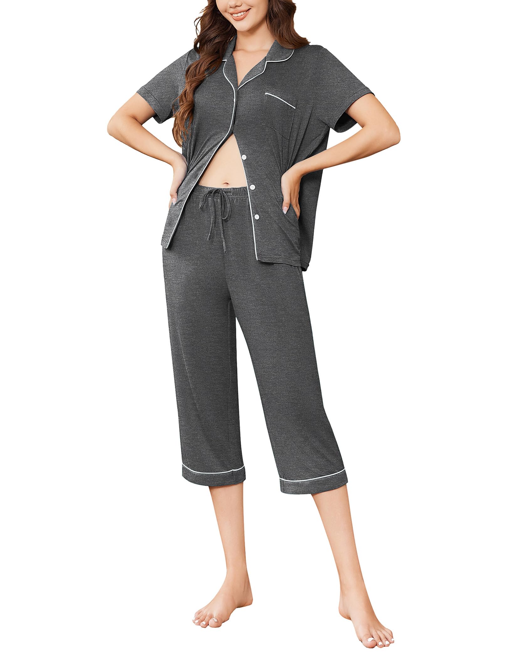 Foto 3 pulgar | Conjunto De Pijama Ekouaer Capri Para Mujer Gris Oscuro Talla M - Venta Internacional.