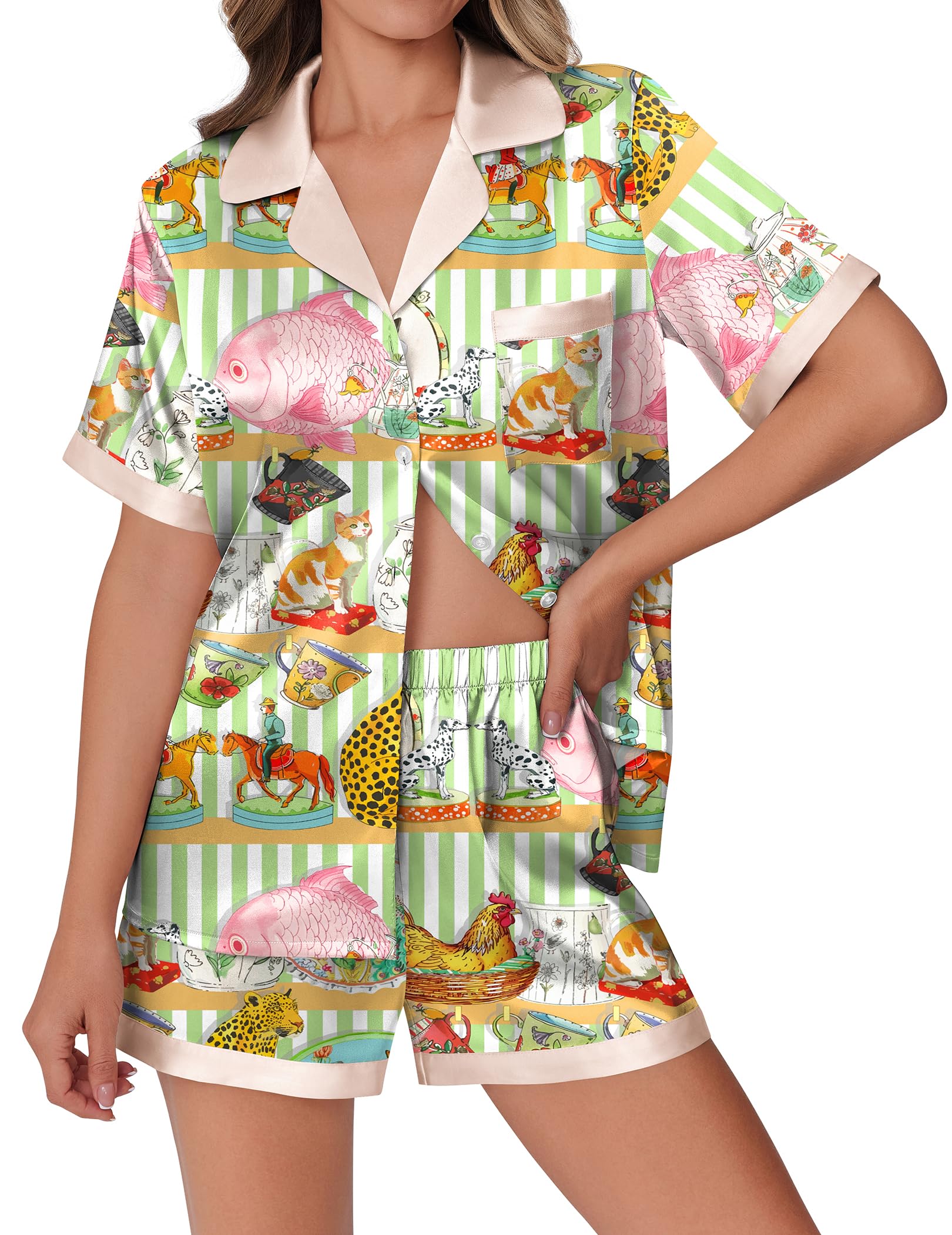 Foto 2 pulgar | Conjunto De Pijama Ekouaer Pantalones Cortos De Satén De Seda Con Estampado De Animales Para Mujer - Venta Internacion
