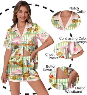Foto 2 | Conjunto De Pijama Ekouaer Pantalones Cortos De Satén De Seda Con Estampado De Animales Para Mujer - Venta Internacion