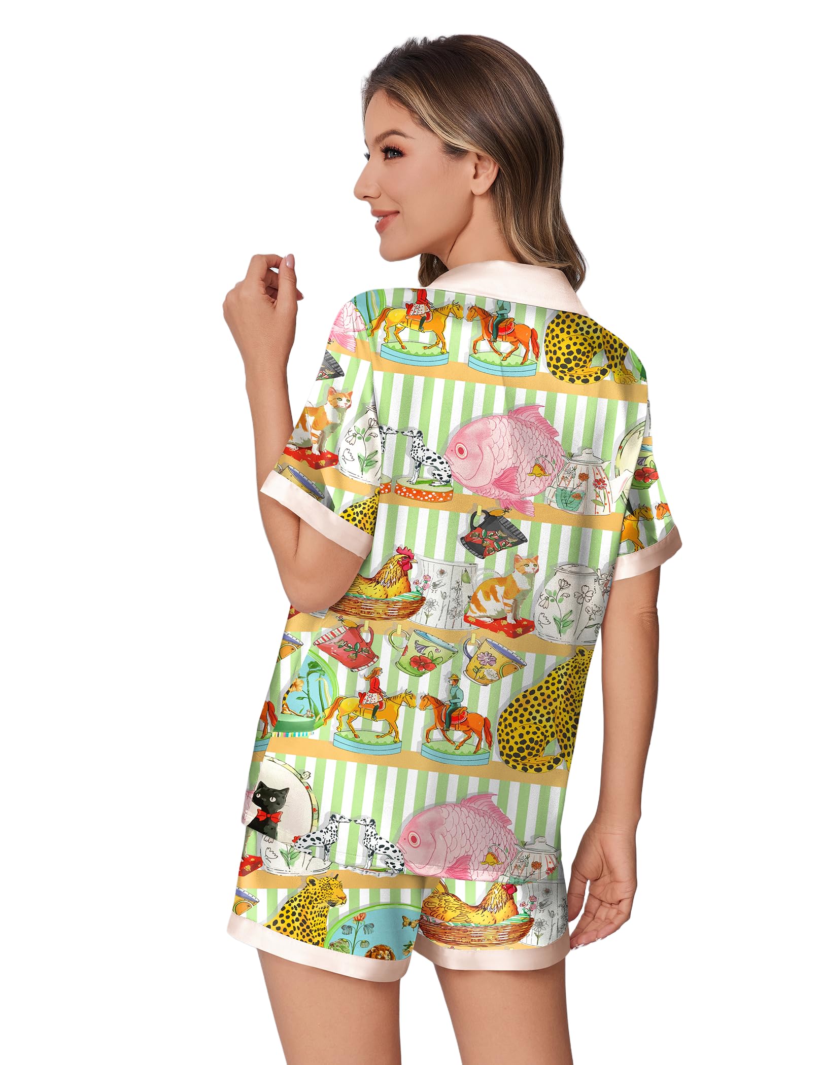 Foto 5 pulgar | Conjunto De Pijama Ekouaer Pantalones Cortos De Satén De Seda Con Estampado De Animales Para Mujer - Venta Internacion