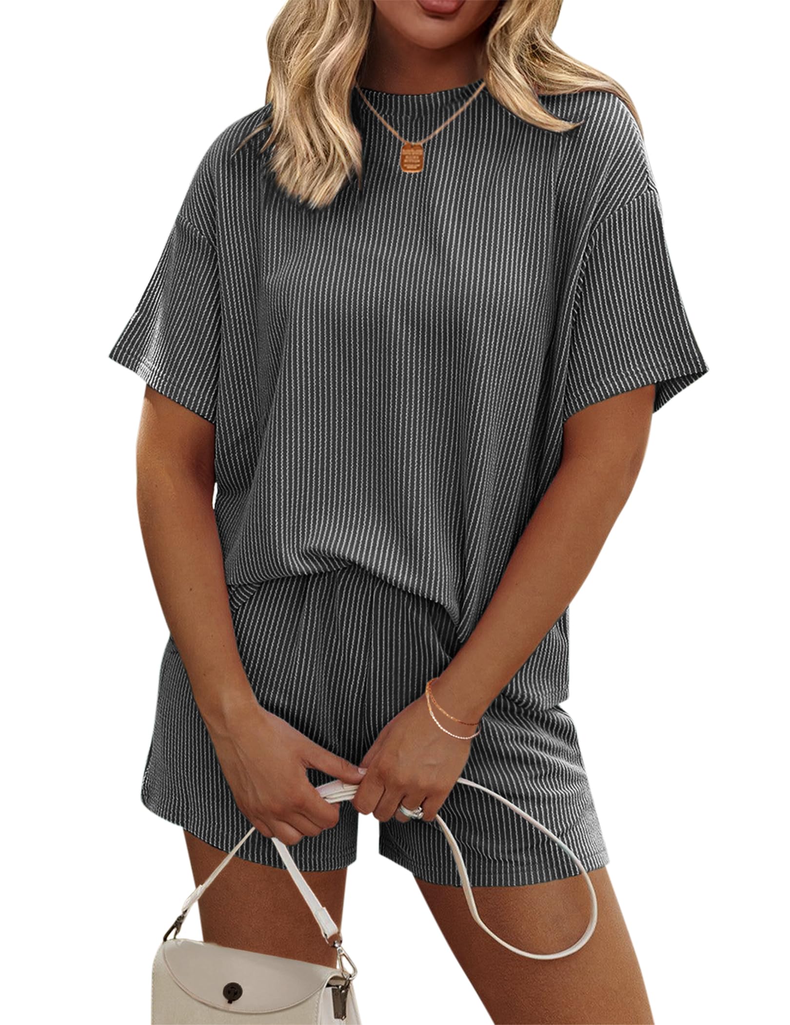 Foto 2 pulgar | Conjunto De Pijama Ekouaer Short Sleeve Lounge De 2 Piezas Gris Oscuro - Venta Internacional.