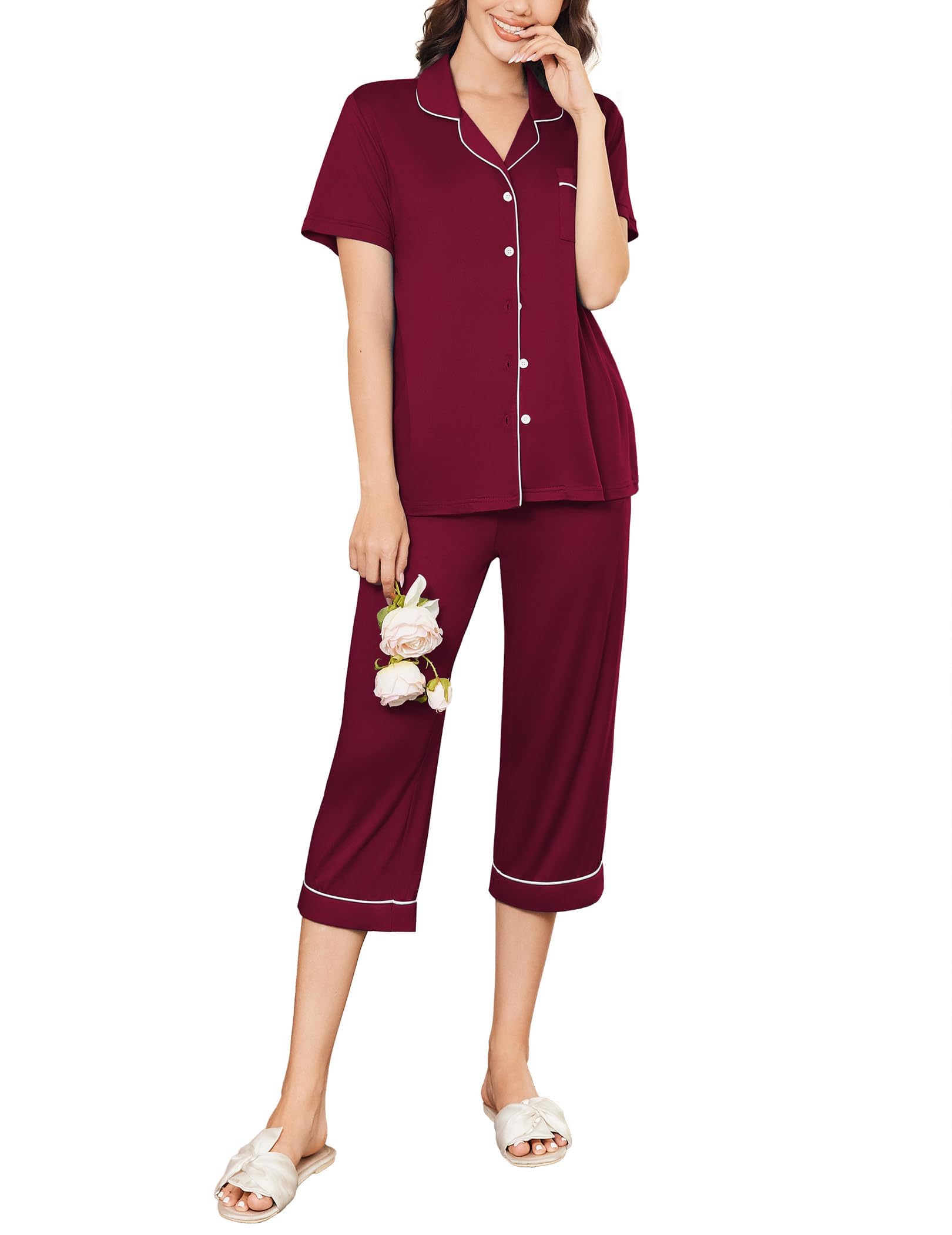 Foto 2 pulgar | Conjunto De Pijama Ekouaer Capri Para Mujer Rojo Oscuro Talla M - Venta Internacional.