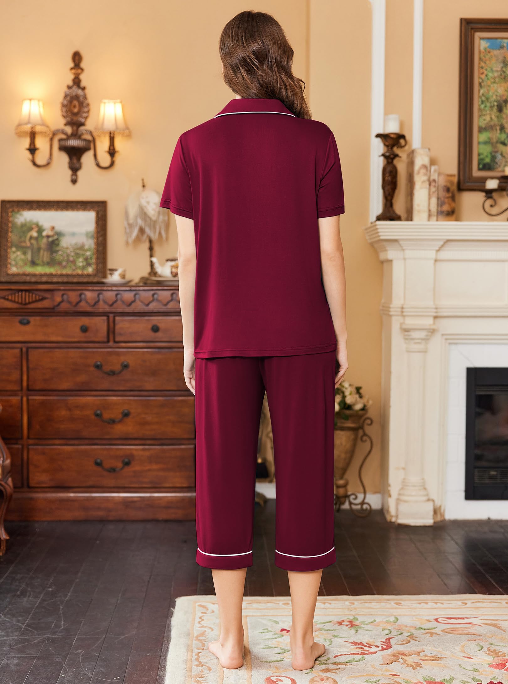 Foto 4 pulgar | Conjunto De Pijama Ekouaer Capri Para Mujer Rojo Oscuro Talla M - Venta Internacional.
