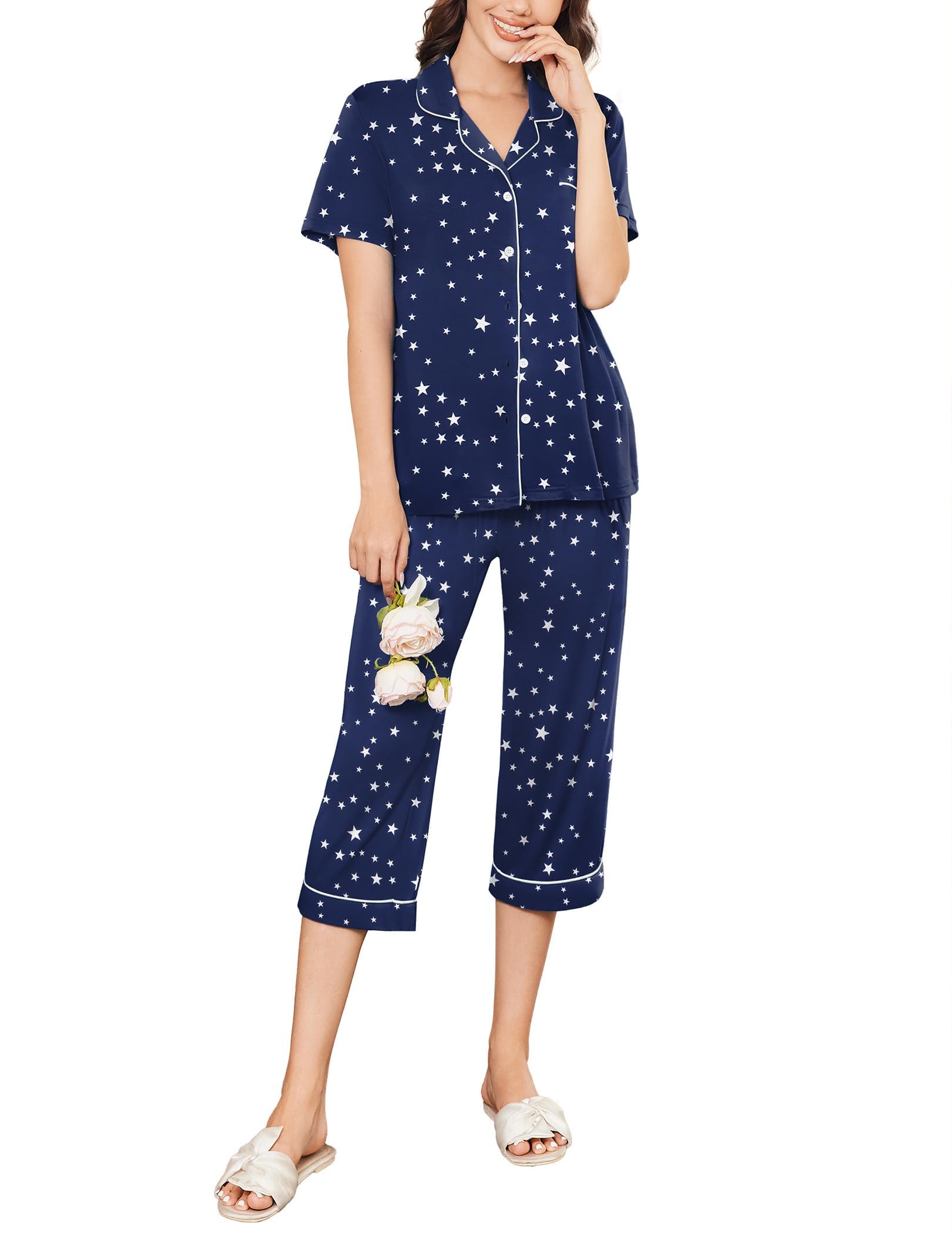 Foto 2 pulgar | Pijama Ekouaer Capri Para Mujer De Manga Corta Con Botones - Venta Internacional.