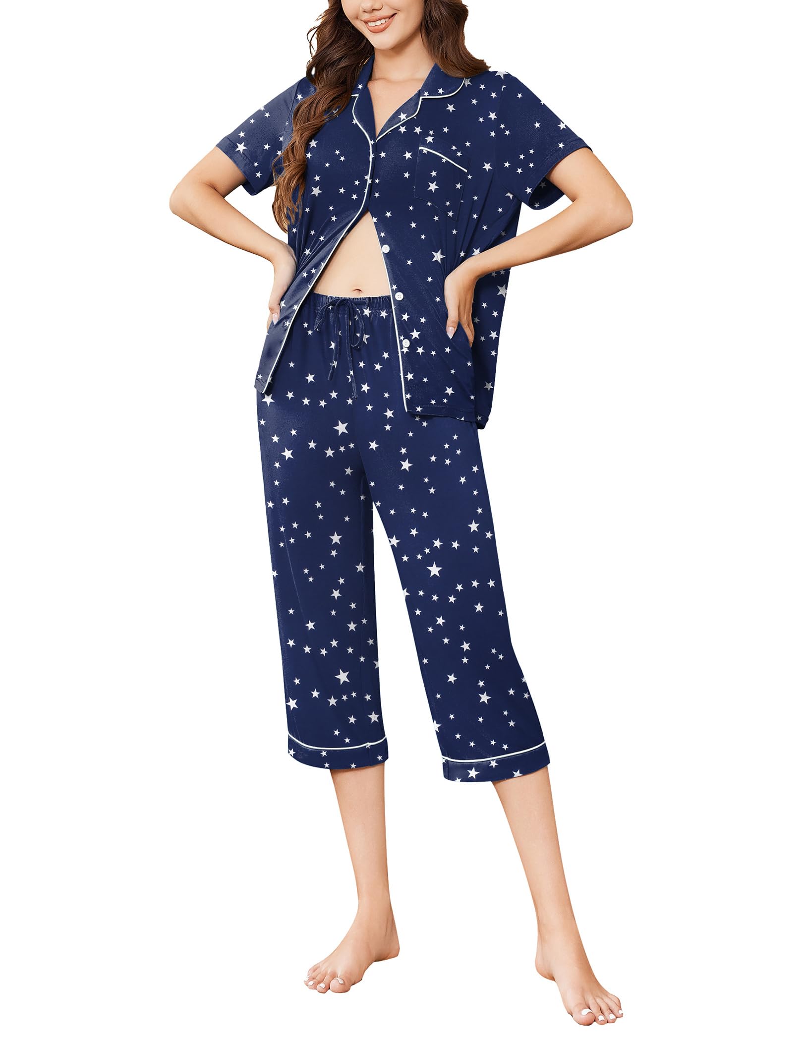 Foto 3 pulgar | Pijama Ekouaer Capri Para Mujer De Manga Corta Con Botones - Venta Internacional.