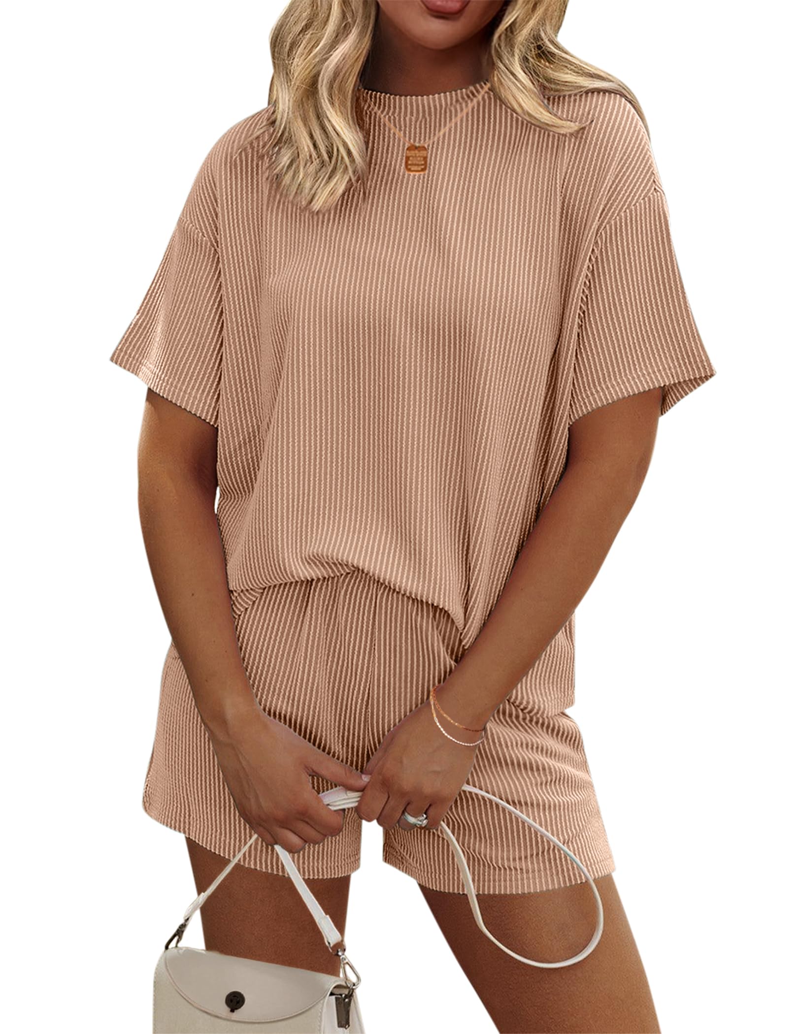 Foto 2 pulgar | Conjunto De Pijama Ekouaer Short Sleeve Lounge De 2 Piezas Marrón Para Mujer - Venta Internacional.