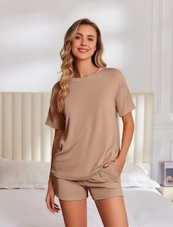 Foto 2 | Conjunto De Pijama Ekouaer Short Sleeve Lounge De 2 Piezas Marrón Para Mujer - Venta Internacional.