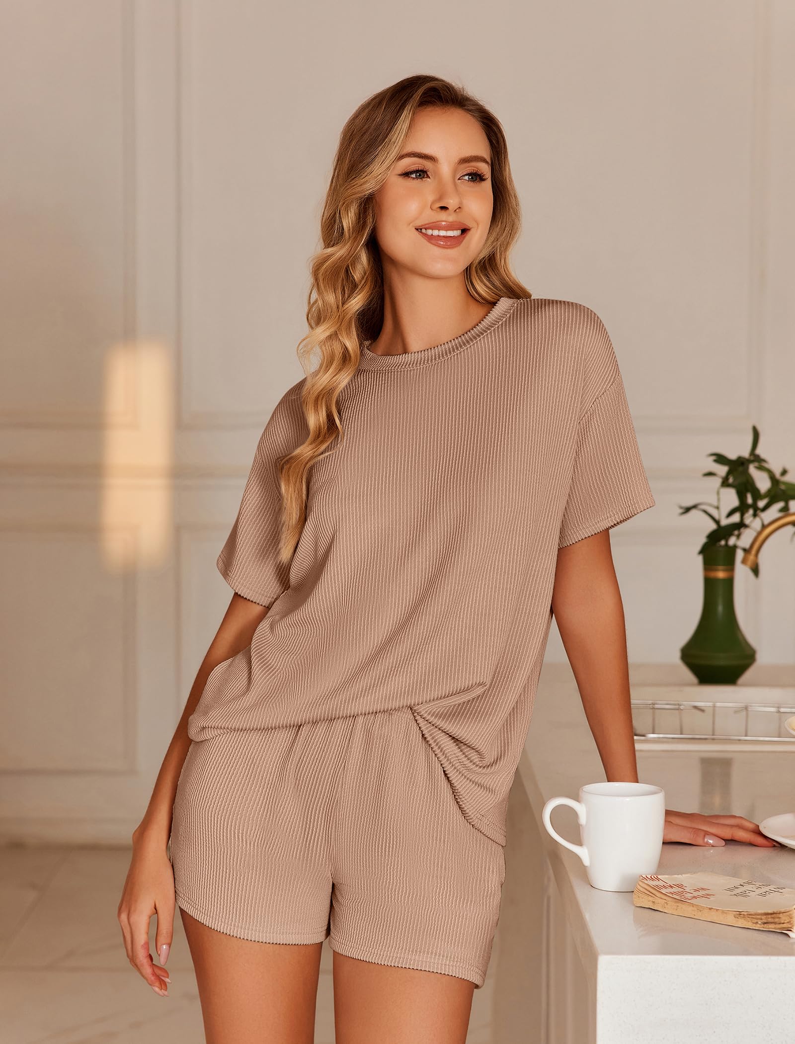 Foto 4 pulgar | Conjunto De Pijama Ekouaer Short Sleeve Lounge De 2 Piezas Marrón Para Mujer - Venta Internacional.