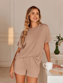Foto 3 | Conjunto De Pijama Ekouaer Short Sleeve Lounge De 2 Piezas Marrón Para Mujer - Venta Internacional.