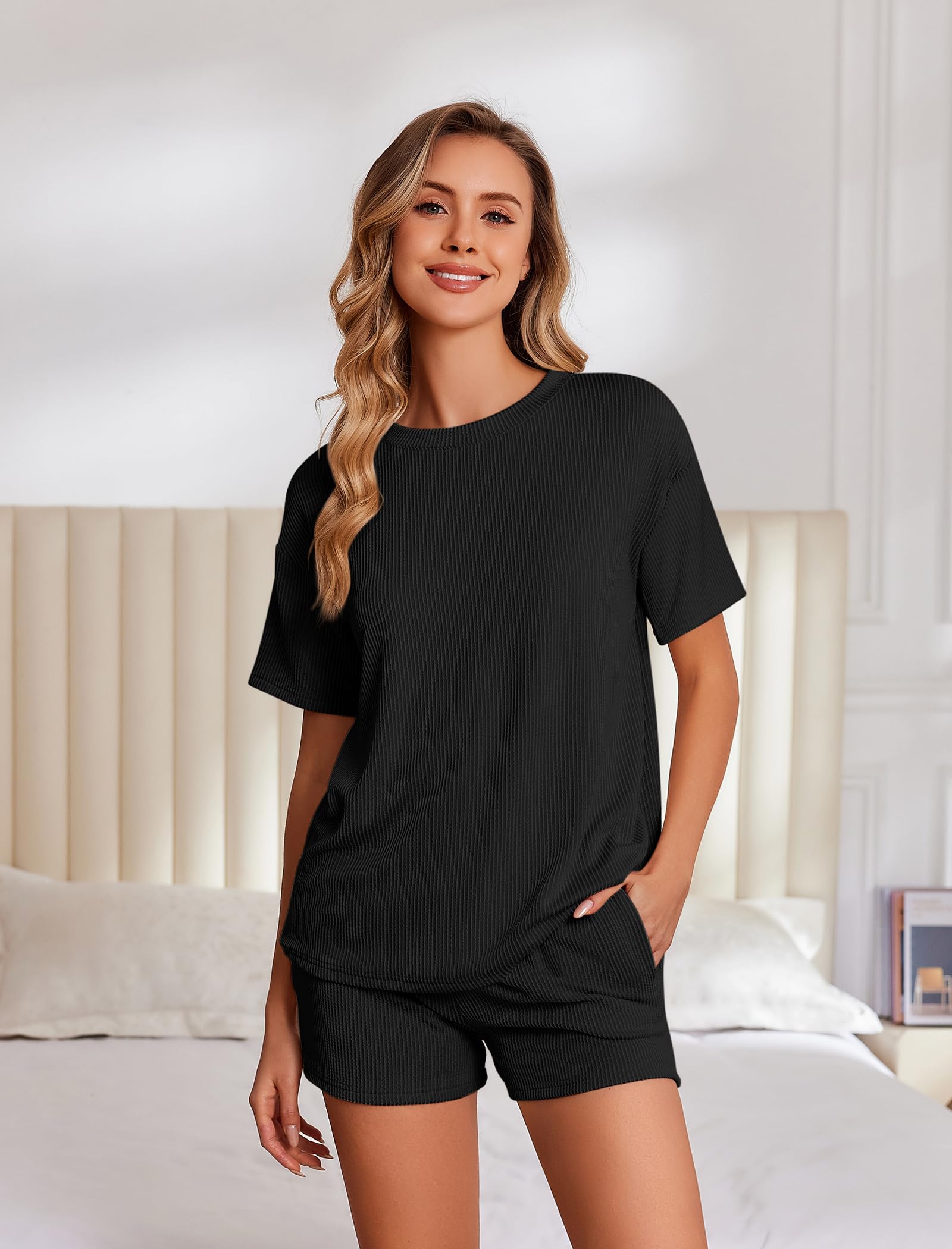 Foto 3 pulgar | Conjunto De Pijama Ekouaer Short Sleeve Lounge De 2 Piezas Negro Para Mujer - Venta Internacional.