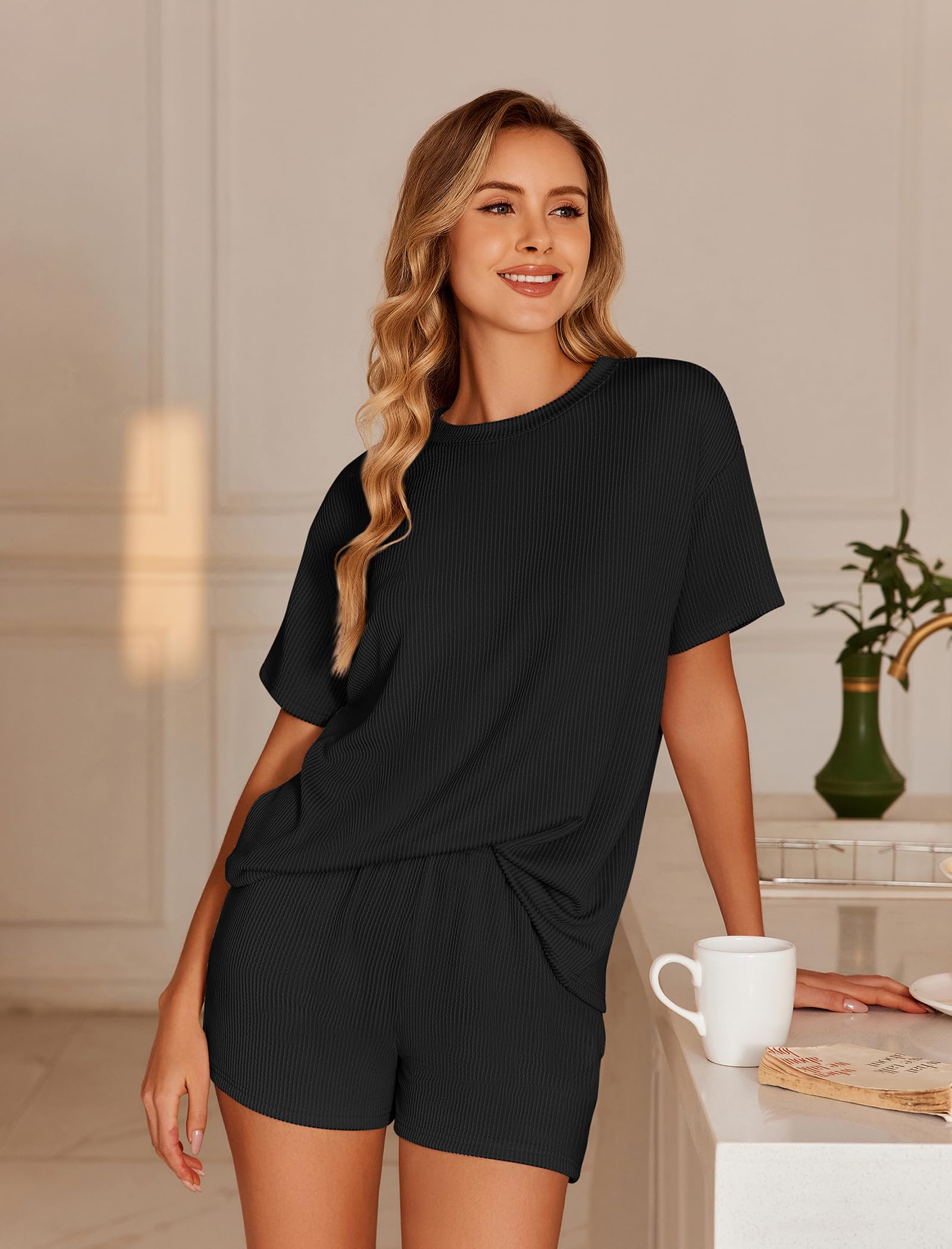 Foto 4 pulgar | Conjunto De Pijama Ekouaer Short Sleeve Lounge De 2 Piezas Negro Para Mujer - Venta Internacional.