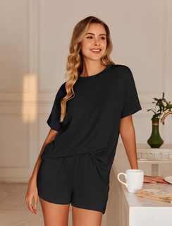 Foto 3 | Conjunto De Pijama Ekouaer Short Sleeve Lounge De 2 Piezas Negro Para Mujer - Venta Internacional.