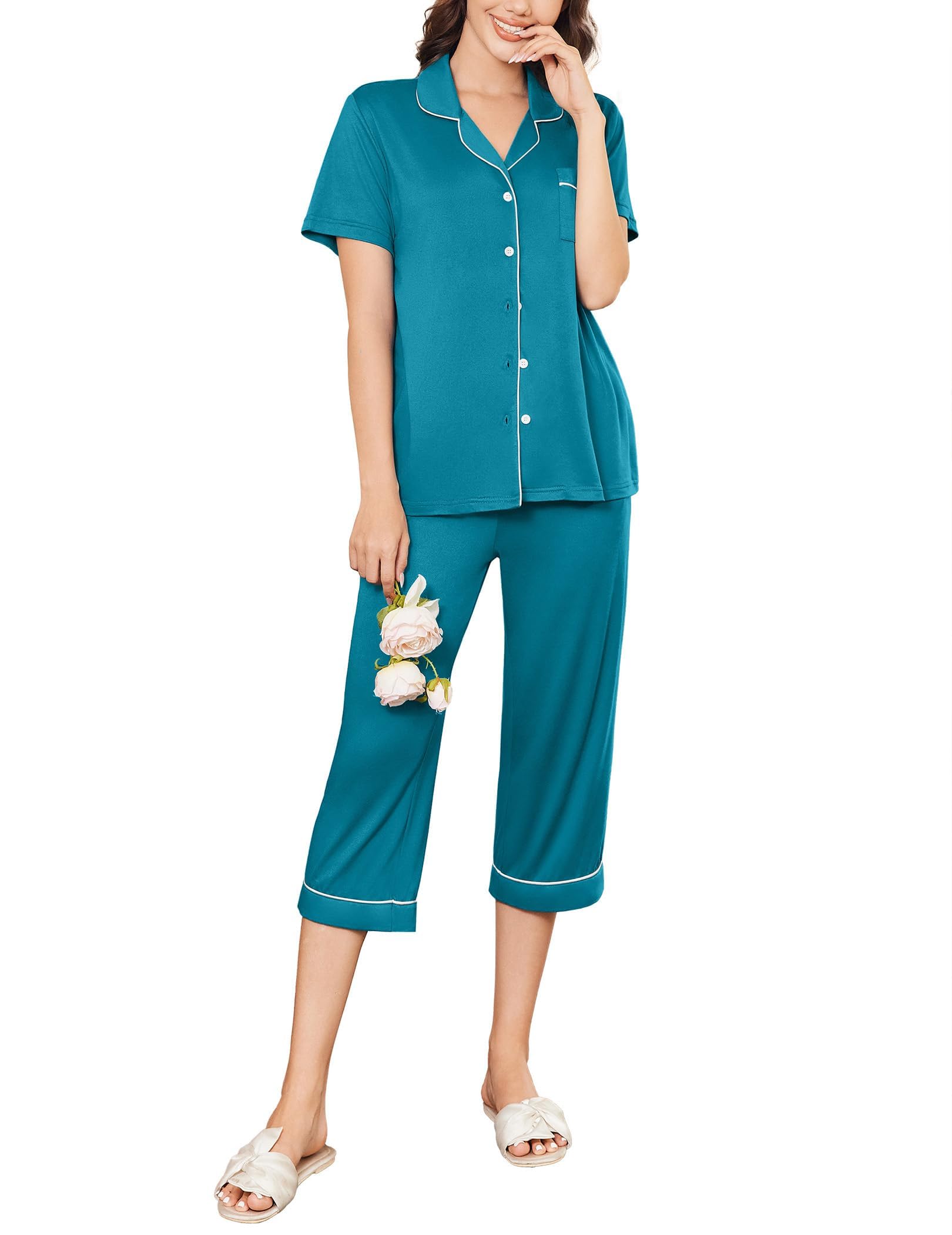 Conjunto De Pijama Ekouaer Capri Para Mujer De Manga Corta Con Botones, Color Azul - Venta Internacional.