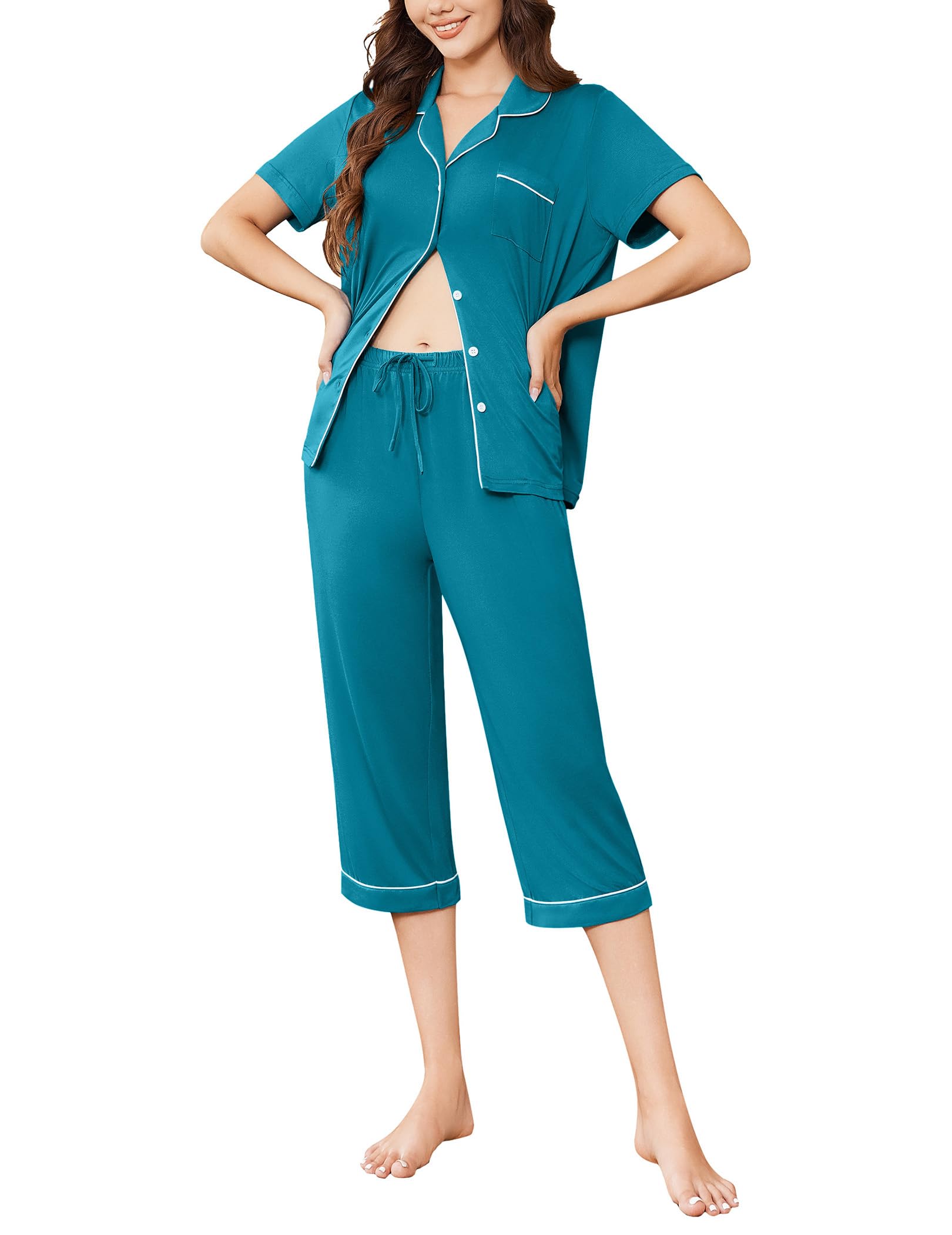 Foto 3 pulgar | Conjunto De Pijama Ekouaer Capri Para Mujer De Manga Corta Con Botones, Color Azul - Venta Internacional.