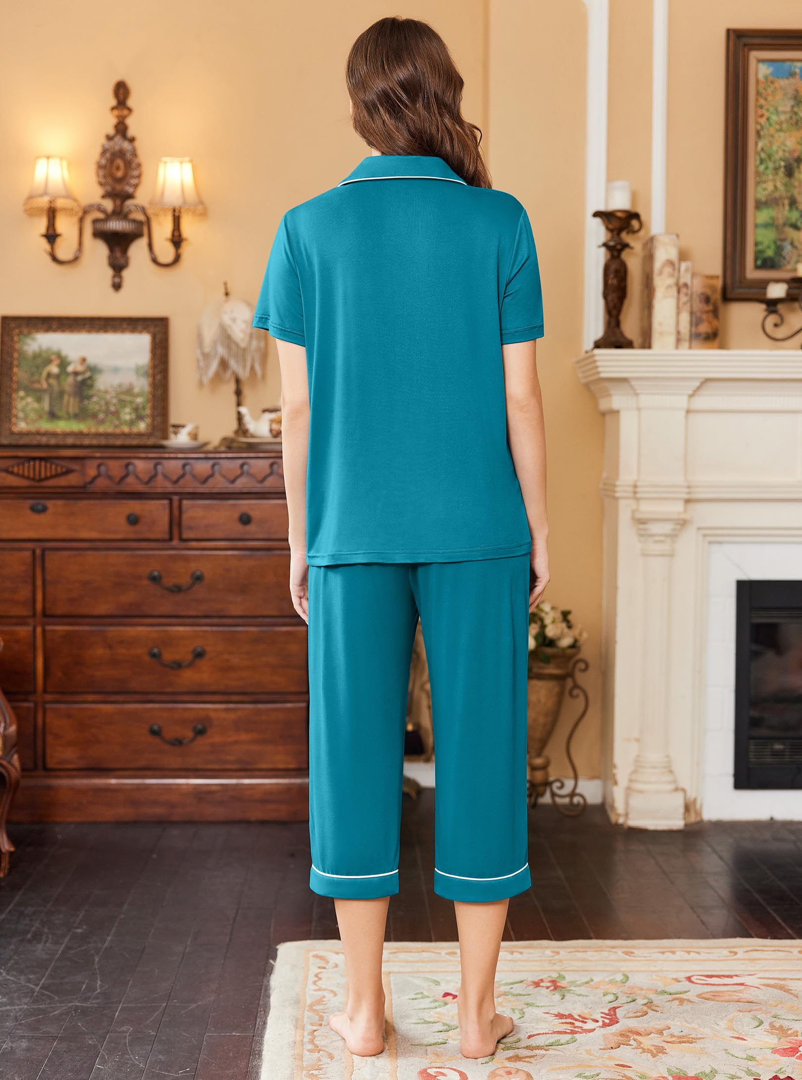 Foto 4 pulgar | Conjunto De Pijama Ekouaer Capri Para Mujer De Manga Corta Con Botones, Color Azul - Venta Internacional.