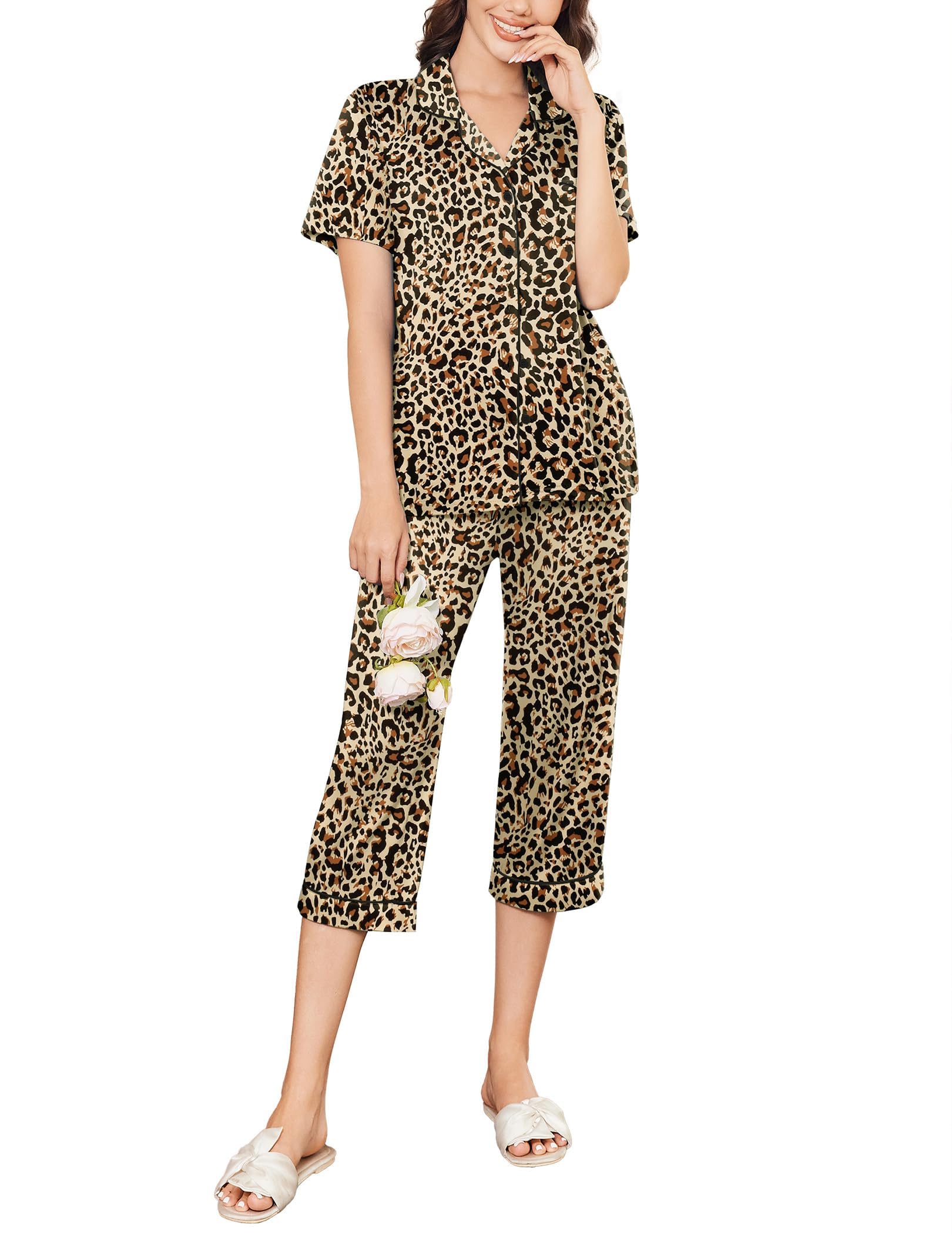 Foto 2 pulgar | Conjunto De Pijama Ekouaer Capri Para Mujer De Manga Corta Con Botones, Color Marrón - Venta Internacional.