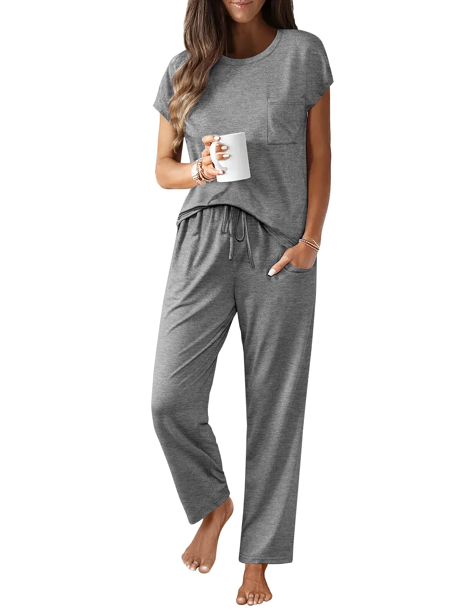 Foto 2 pulgar | Conjunto De Pijama Ekouaer Para Mujer Con Mangas Casquillo Y Bolsillos - Venta Internacional.