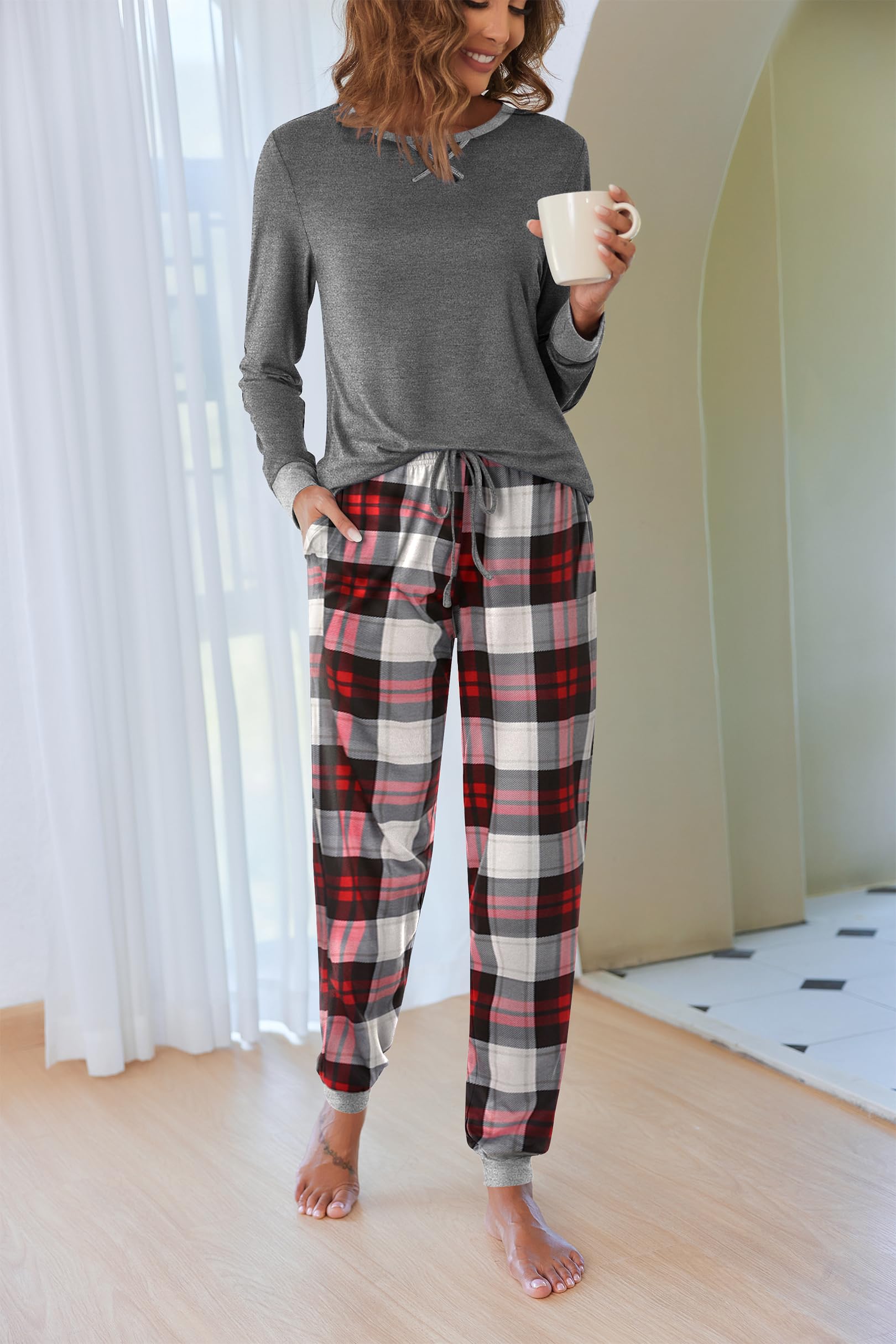 Foto 3 pulgar | Pijama Ekouaer De Manga Larga Con Cuello Redondo Navideño Para Mujer - Venta Internacional.