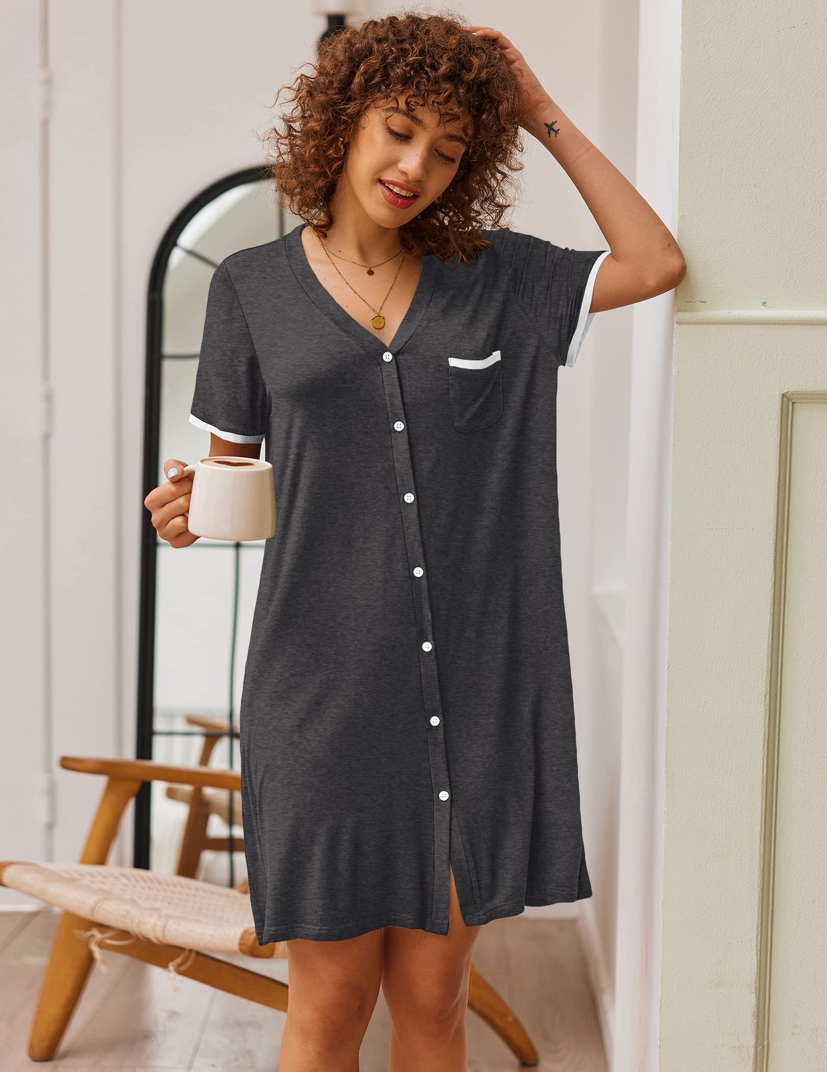Foto 2 | Camisón Ekouaer Misty Grey Con Cuello En V Y Botones Para Mujer - Venta Internacional.