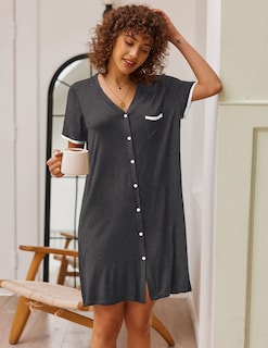 Foto 2 | Camisón Ekouaer Misty Grey Con Cuello En V Y Botones Para Mujer - Venta Internacional.