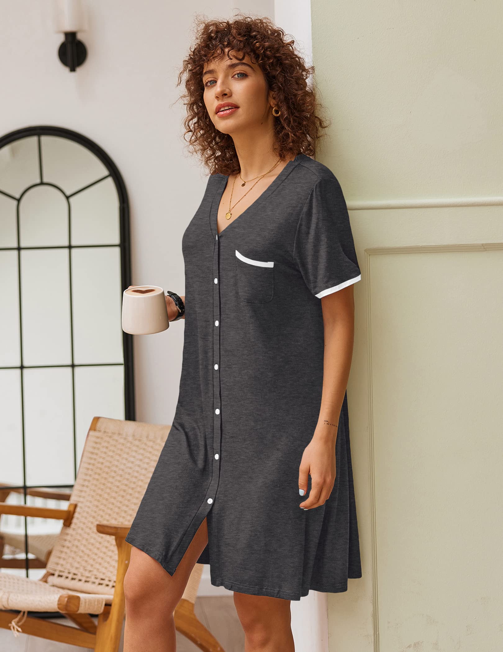 Foto 3 | Camisón Ekouaer Misty Grey Con Cuello En V Y Botones Para Mujer - Venta Internacional.