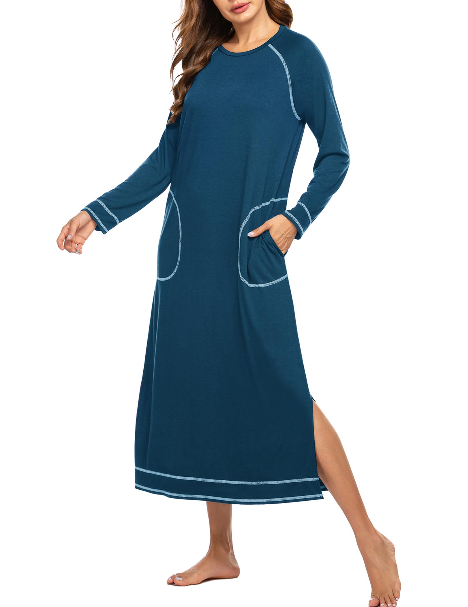 Camisón Ekouaer De Manga Larga Para Mujer Con Bolsillos - Venta Internacional. $742