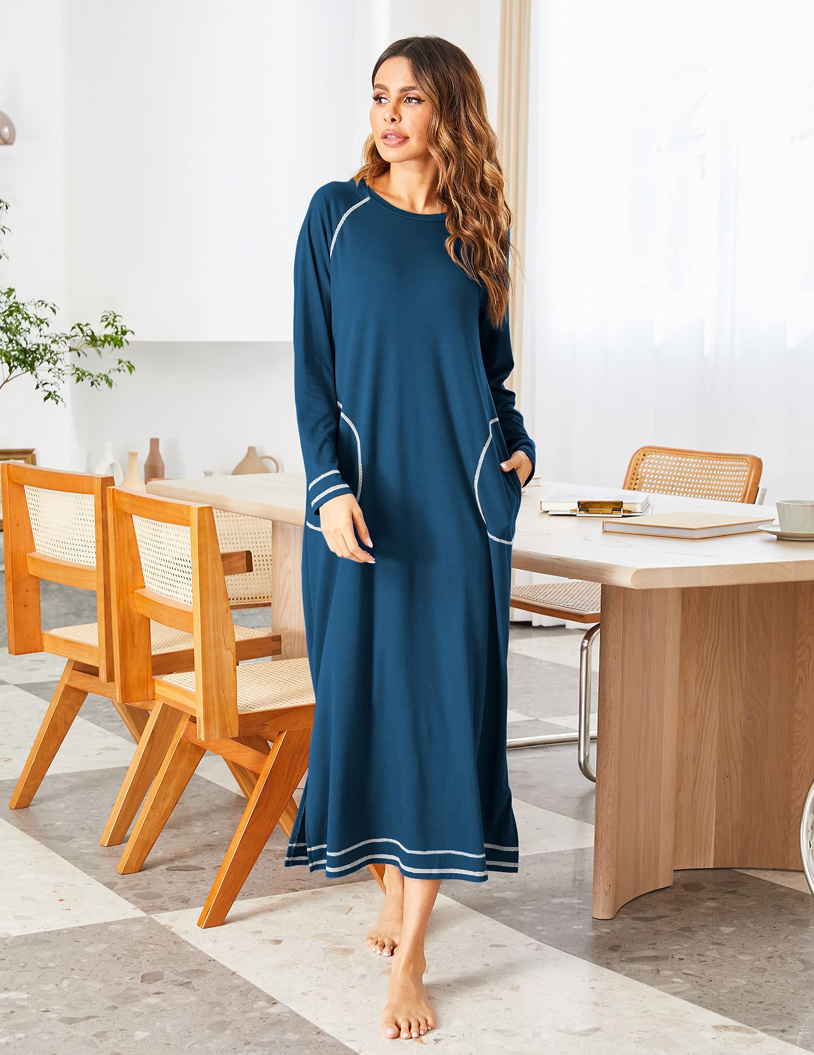 Foto 3 pulgar | Camisón Ekouaer De Manga Larga Para Mujer Con Bolsillos - Venta Internacional.