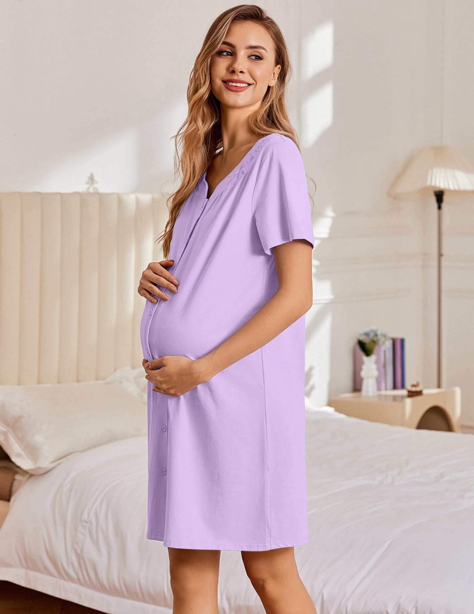 Foto 5 pulgar | Pijama De Algodón Para Mujer Ekouaer, Camisón, Color Morado Claro - Venta Internacional.