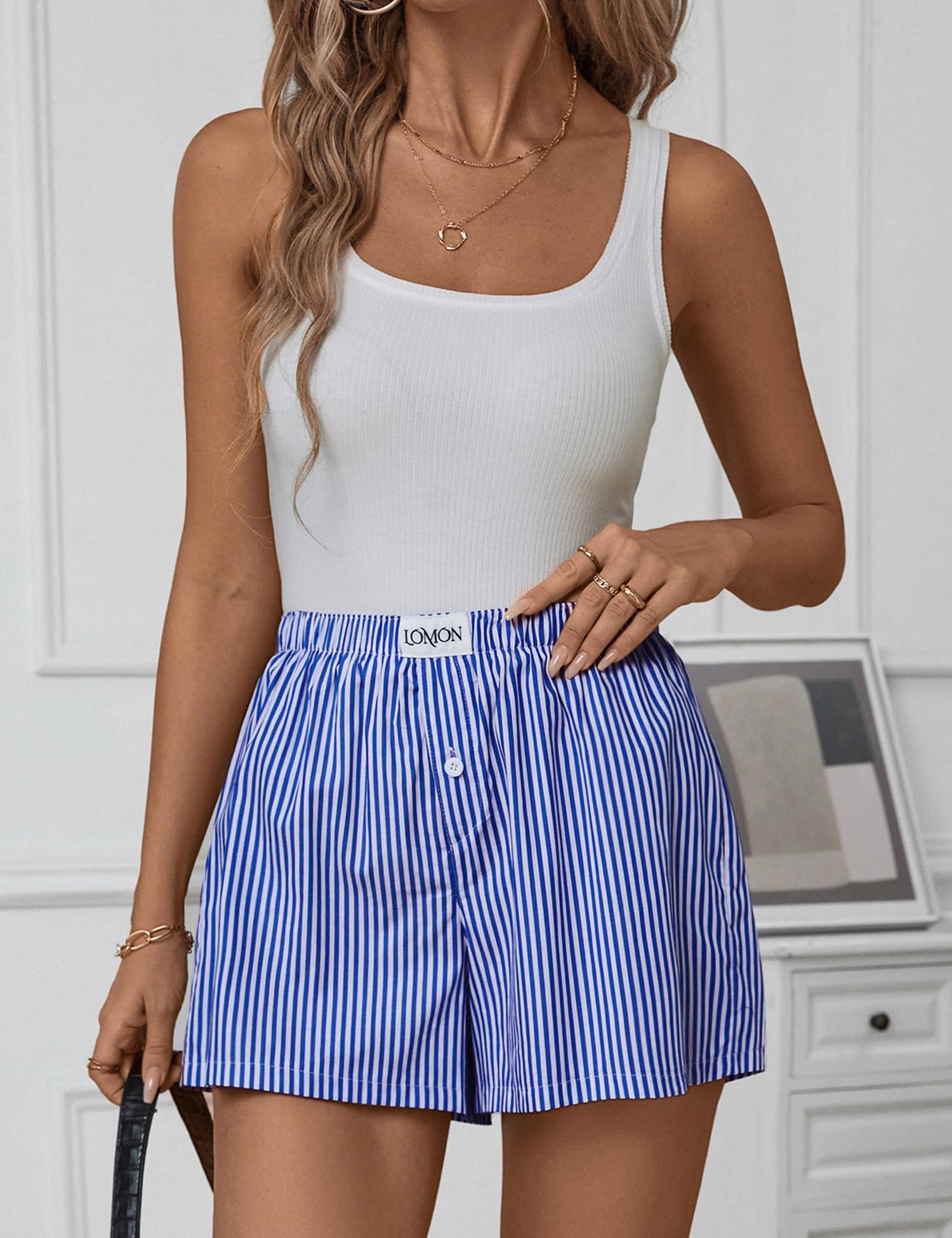 Foto 6 pulgar | Pantalones Cortos Tipo Bóxer Lomon Para Mujer, Casual, De Verano, A Rayas, Azul - Venta Internacional.