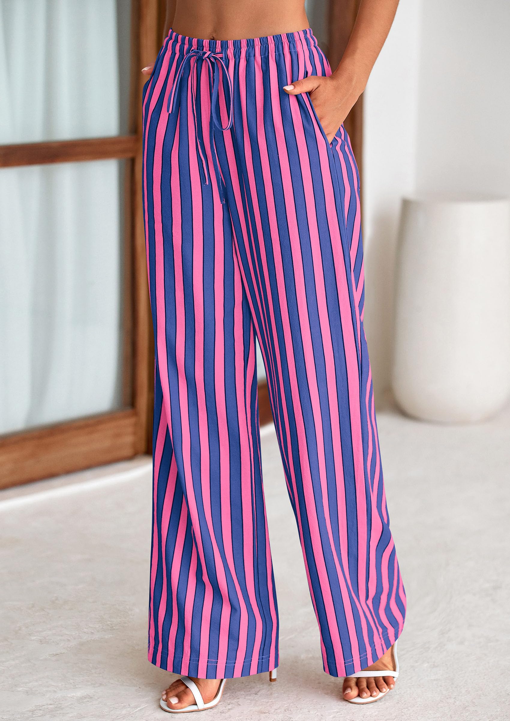 Foto 6 pulgar | Pantalones De Pijama Prettygarden Para Mujer, Pierna Ancha, Algodón A Rayas - Venta Internacional.