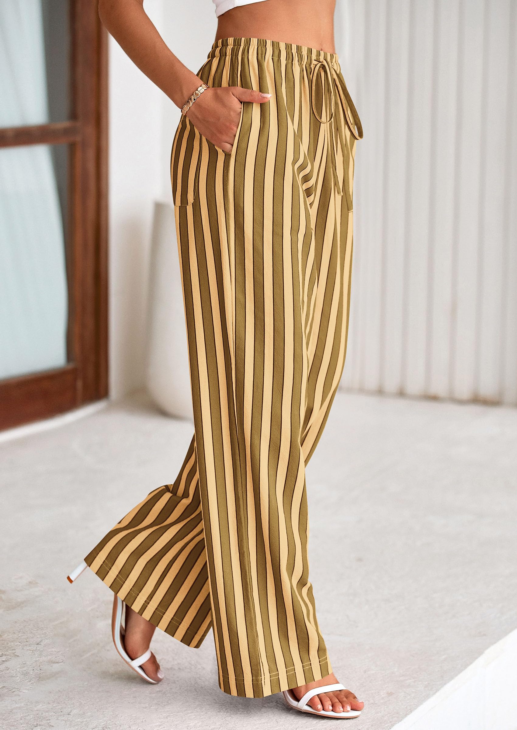 Foto 7 | Pantalones De Pijama Prettygarden Para Mujer, Pierna Ancha, Algodón A Rayas - Venta Internacional.