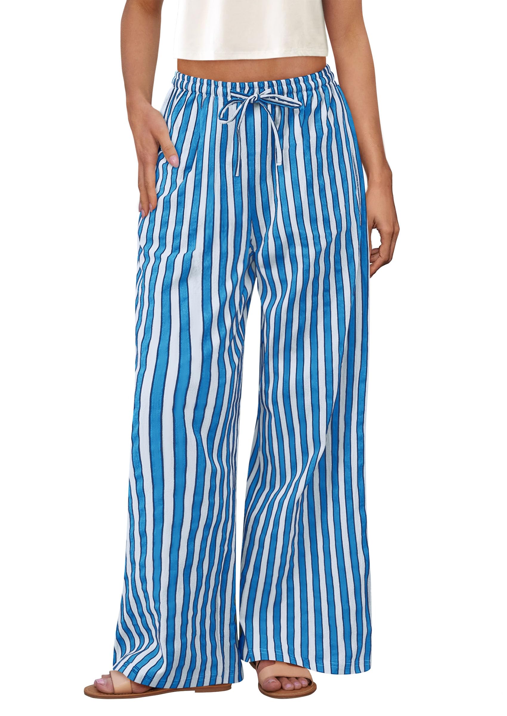 Foto 2 pulgar | Pantalones De Pijama Prettygarden Para Mujer, Pierna Ancha, A Rayas, Gris Y Azul - Venta Internacional.