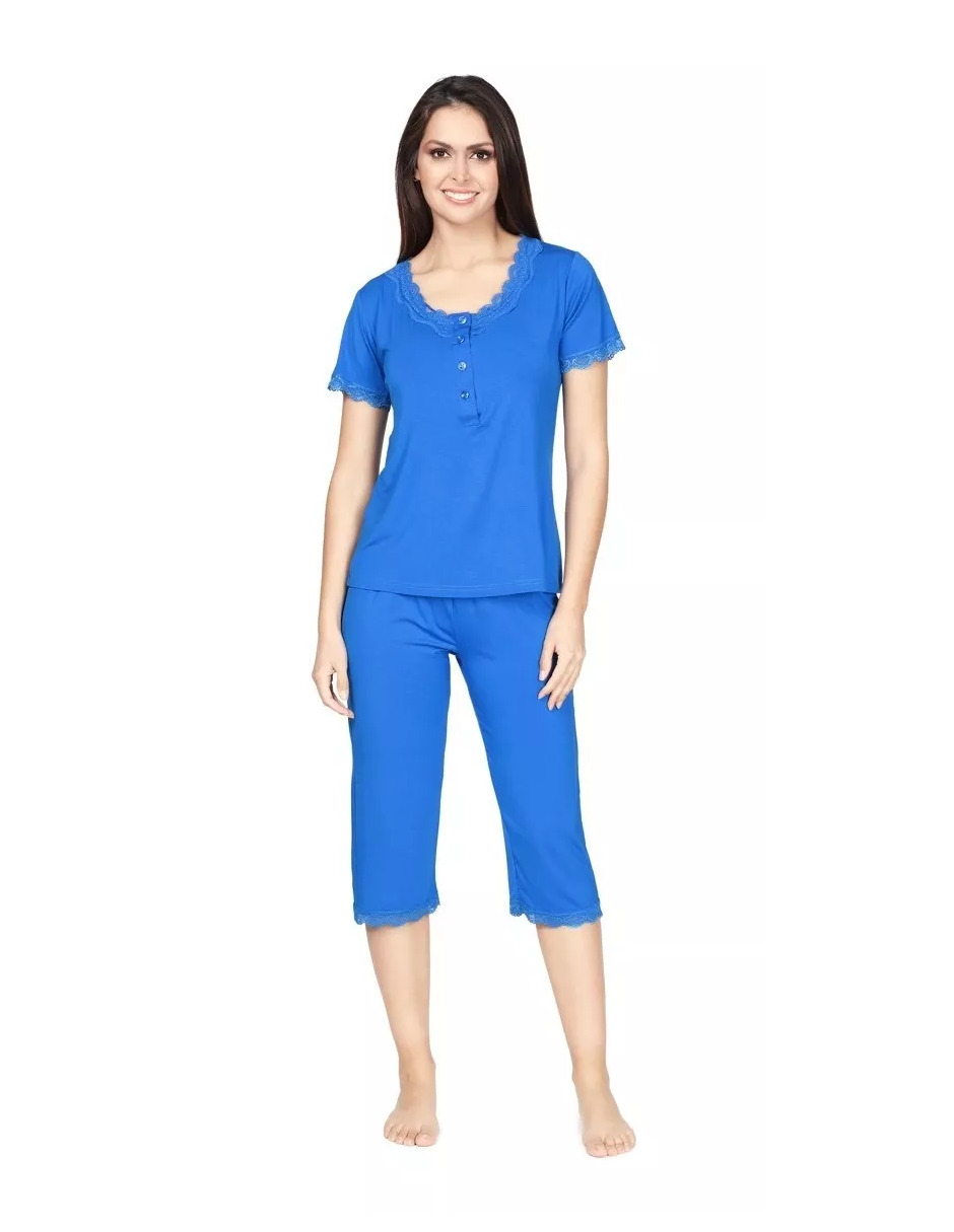 Foto 1 | Pijama De Manga Corta Y Pantalones Capri, Cuello V Y Encaje Color Azul