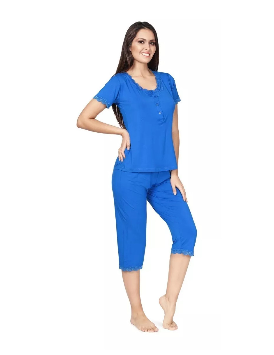 Foto 3 pulgar | Pijama De Manga Corta Y Pantalones Capri, Cuello V Y Encaje Color Azul