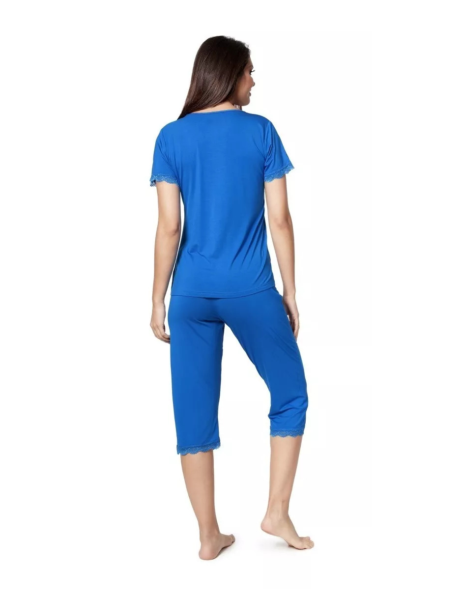 Foto 4 pulgar | Pijama De Manga Corta Y Pantalones Capri, Cuello V Y Encaje Color Azul