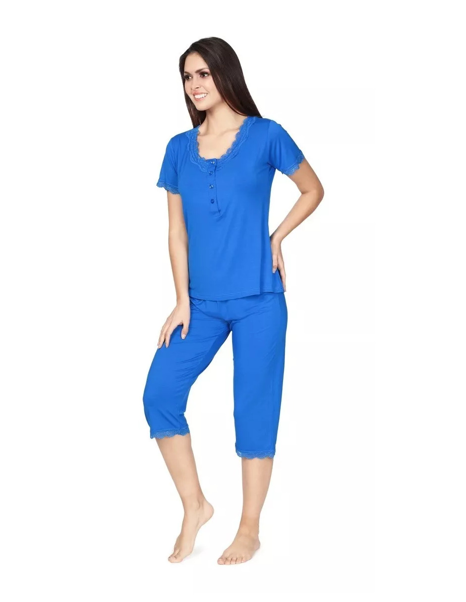 Foto 5 pulgar | Pijama De Manga Corta Y Pantalones Capri, Cuello V Y Encaje Color Azul
