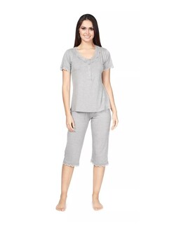 Foto 1 | Pijama De Manga Corta Y Pantalones Capri, Cuello V Y Encaje Color Gris