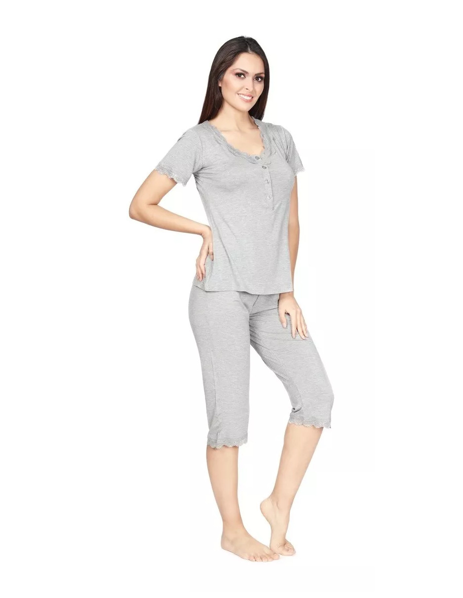 Foto 3 pulgar | Pijama De Manga Corta Y Pantalones Capri, Cuello V Y Encaje Color Gris