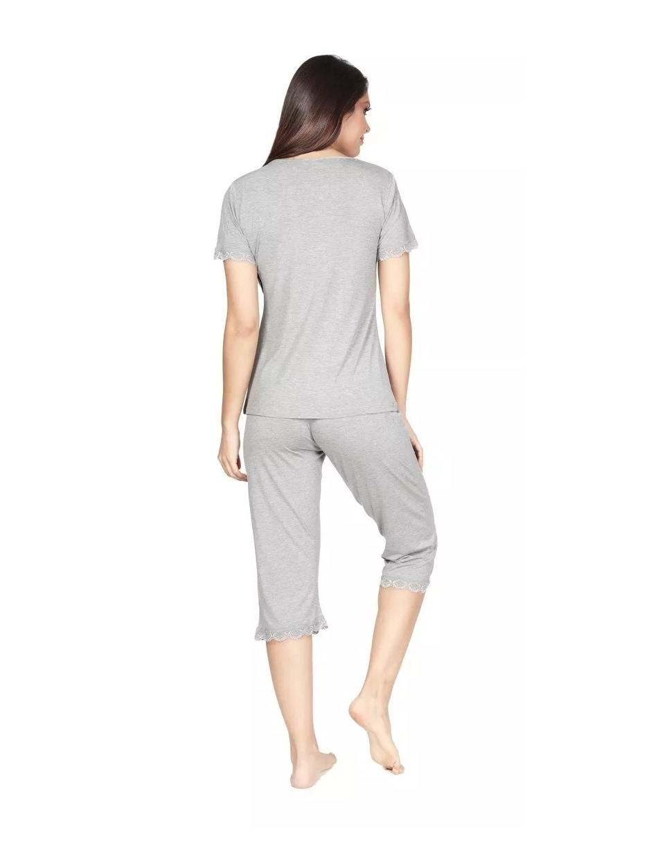 Foto 4 pulgar | Pijama De Manga Corta Y Pantalones Capri, Cuello V Y Encaje Color Gris