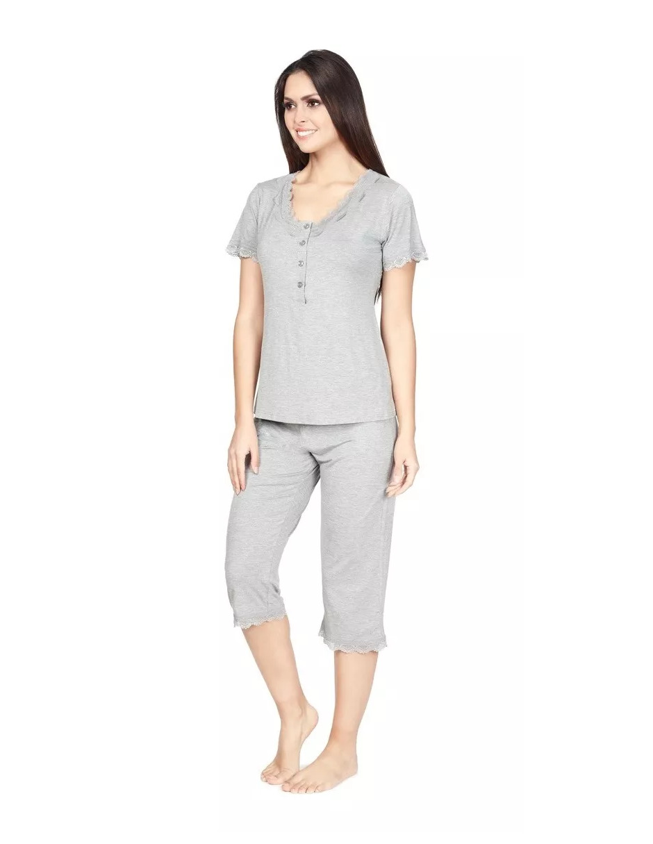 Foto 5 pulgar | Pijama De Manga Corta Y Pantalones Capri, Cuello V Y Encaje Color Gris