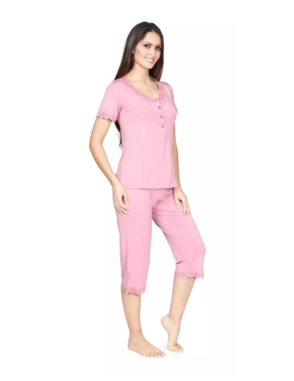 Foto 3 pulgar | Pijama De Manga Corta Y Pantalones Capri, Cuello V Y Encaje Color Rosa