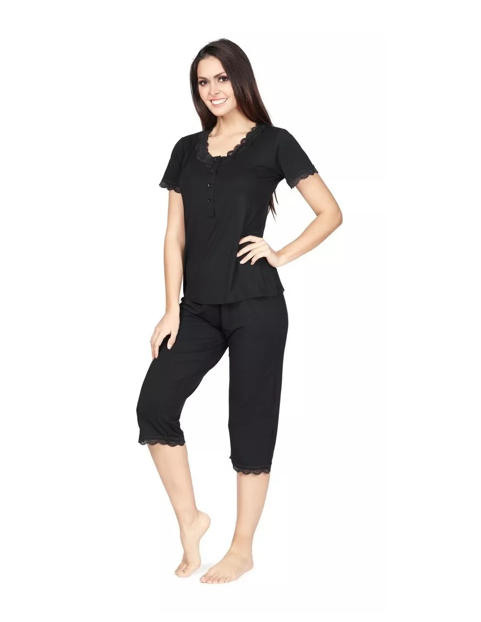 Foto 4 pulgar | Pijama De Manga Corta Y Pantalones Capri, Cuello V Y Encaje Color Gris