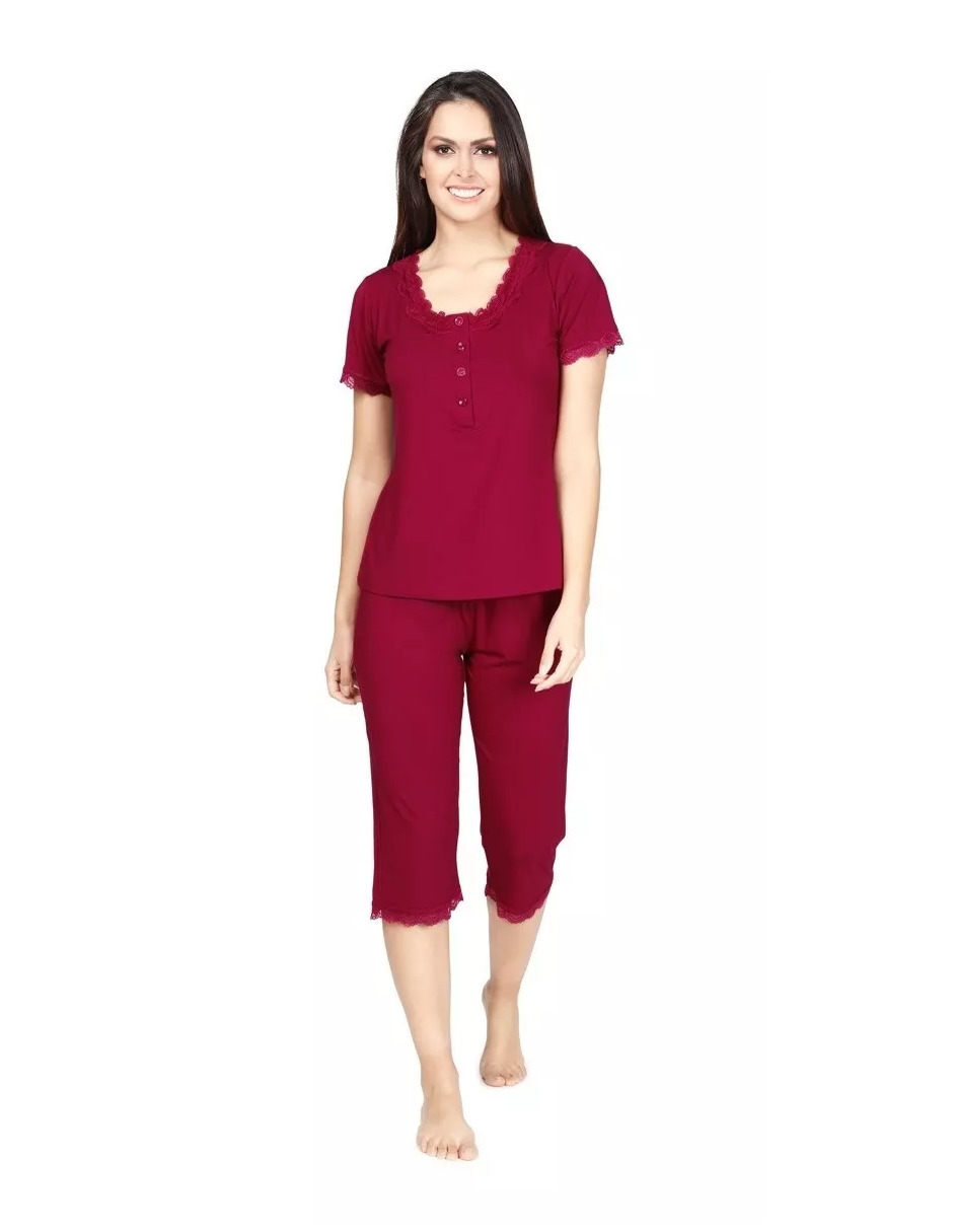Foto 1 | Pijama De Manga Corta Y Pantalones Capri, Cuello V Y Encaje Color Rojo