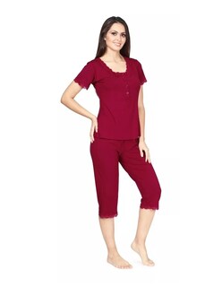 Foto 2 | Pijama De Manga Corta Y Pantalones Capri, Cuello V Y Encaje Color Rojo
